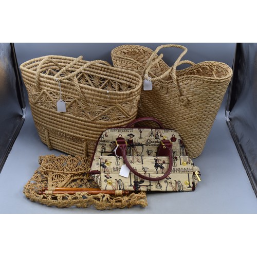 535 - Two Rattan Shopping Baskets, Royaltex Handbag, and a Rope Basket with Wooden Handles