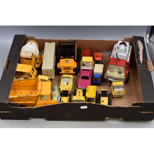 545 - A Selection of Fifteen Playworn Diecast Tonka Vehicles. Includes Tipper, Cement Mixer, Jeep, And Mor... 