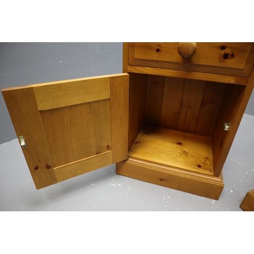 572 - Two Pine Bedside Cabinets. Includes Three Drawer, And One Drawer over Door. Both Approx 16