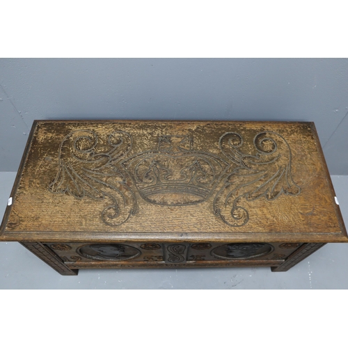 573 - Vintage Carved Wooden Bedding Box by L. Marcus London with Queen Elizabeth Coronation Decoration (38... 