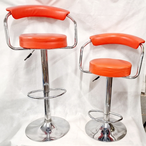 612 - Pair of Bar Stools Chrome and Faux Leather . Rise and Fall as they Should.