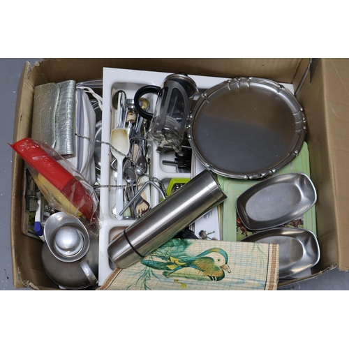 785 - Mixed Lot to include Glass Oven Dishes, Metal Serving Trays, Cutlery, Thermos Jug, Table Mats