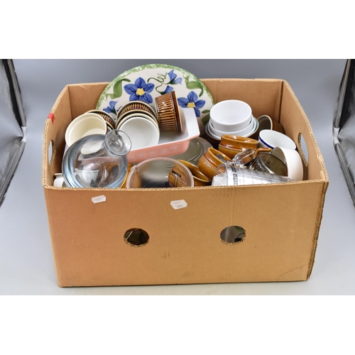 819 - A Box Containing a Large Selection of Kitchenalia, Includes Ramekins, Decanter, Measuring Jugs and M... 