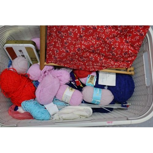 826 - Laundry Basket Full of Knitting and Sewing Stuff, Includes Wool, Knitting Needles, Buttons and More