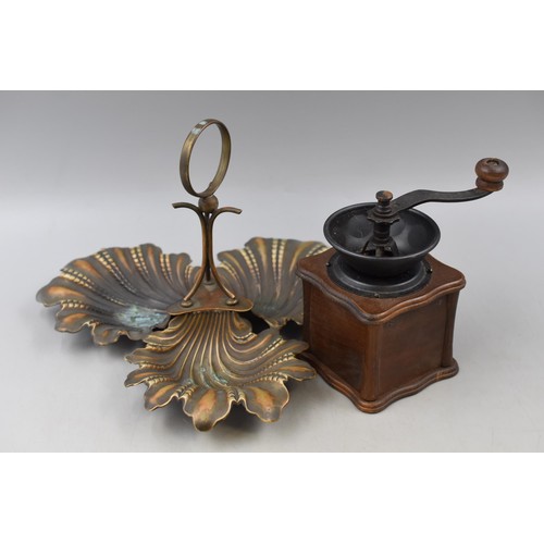 377 - A Brass Art Nouveau Style Tray, With Wood and Metal Coffee Bean Grinder