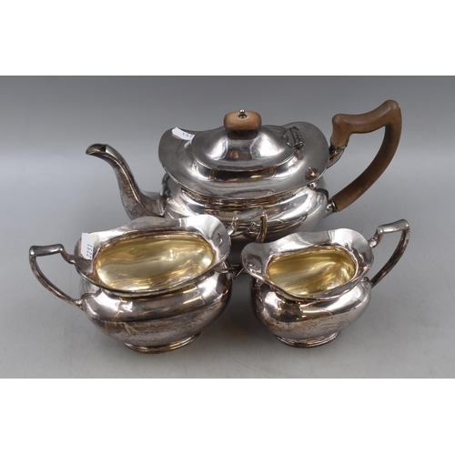 36 - Three Piece Silver Plated tea set by M.H. And Co to include Tea Pot, Creamer and Sugar Pot