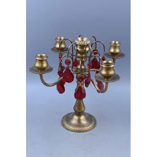 392 - Vintage Gothic Style Brass Candelabra with Red Glass Droplets (Approx. 11”)