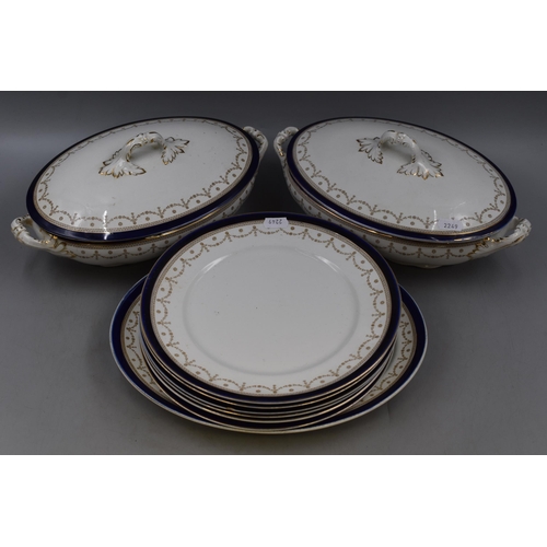 405 - Nine Pieces of 1940s Alfred Meakin Blu de Roi including Two Lidded Tureens, Six Dinner plates and Se... 