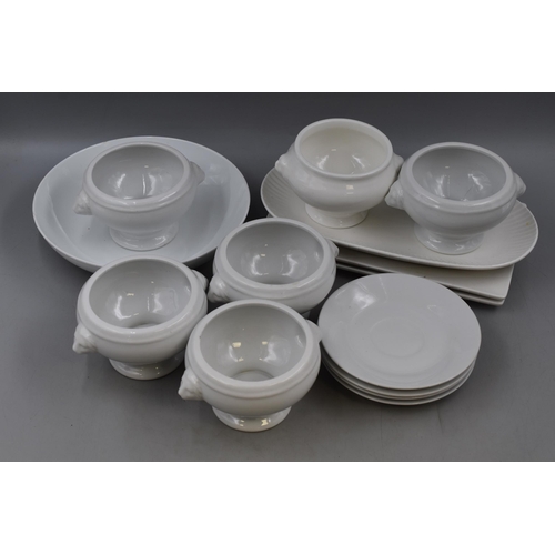 409 - A Selection of White Tableware To Include Porcelite Lions Head Soup Bowls, Serving Dishes and More