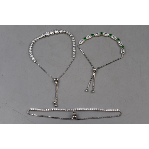 68 - Three Adjustable Silver Diamanté Silver 925 Bracelets to include Green Stone and Clear Stone ... 