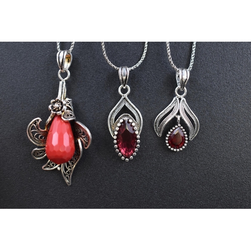 69 - Three Silver 925 Pendant Necklaces, each with Red Stone Design