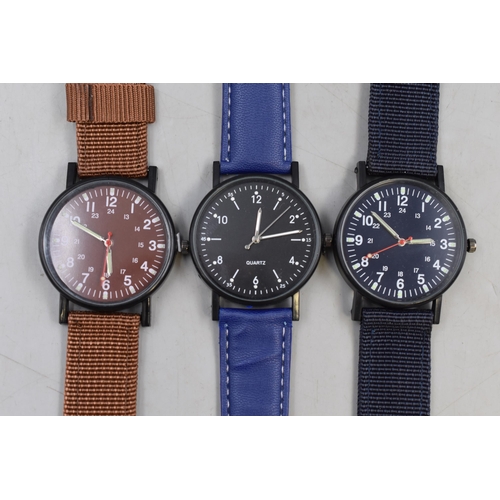 133 - Three gents watches two with military style straps all new