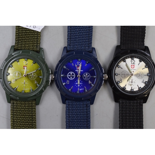 136 - Three gents military style watches in blue green and black all new.