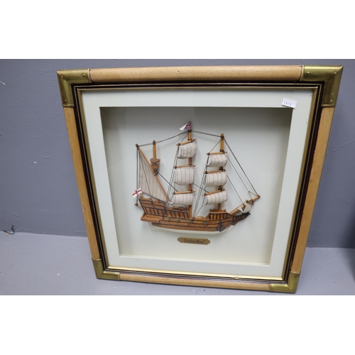 150 - A Framed and Glazed Golden Hinds Nautical Model, Approx 21