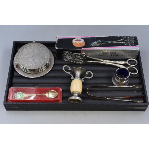 168 - Mixed Selection of Silver Plated items to include Boxed Cake Tongues, Inkwell, Coasters, Sugar Tongu... 