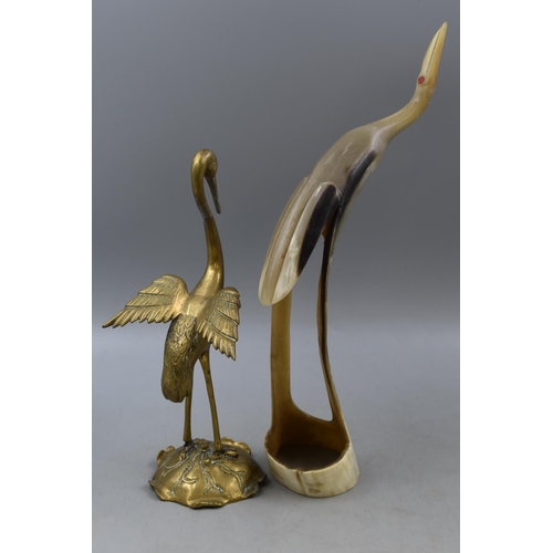 210 - Two Oriental Crane Figures Includes Brass and Carved Horn, Tallest Approx 13.5