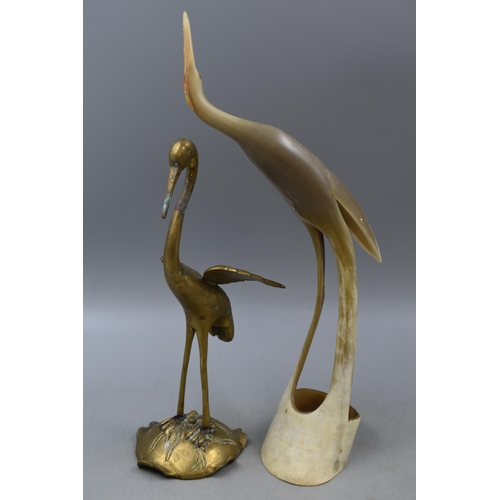 210 - Two Oriental Crane Figures Includes Brass and Carved Horn, Tallest Approx 13.5