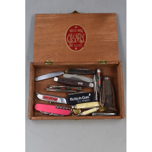 216 - Mixed Collection of Vintage Pocket knives in a Vintage Cigar Box