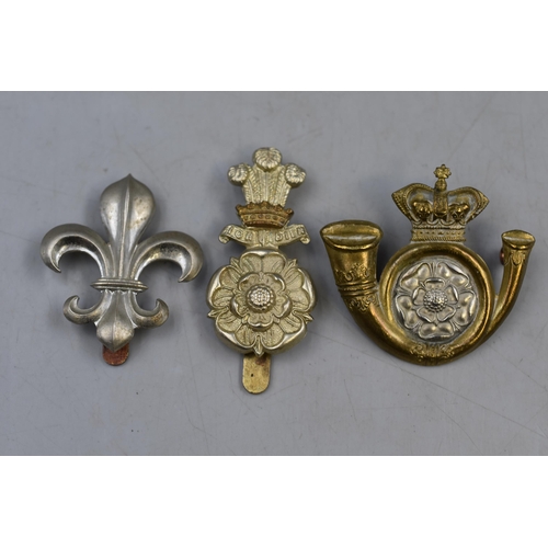 274 - Three Military Cap Badges to include KO Yorks LI, Yorks Hussars and Fleur-De-lis