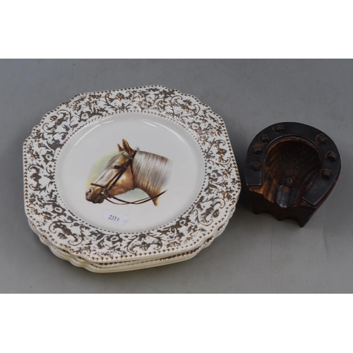 292 - A Selection of Four Horse Themed Collectors Plates By Liverpool Road Pottery, With a Wooden Horsesho... 