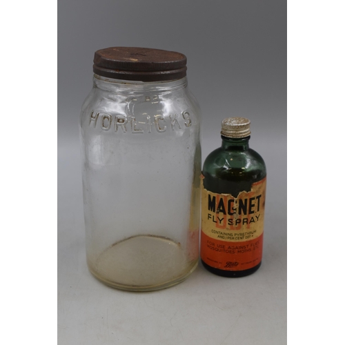 293 - A Vintage Horlicks Jar With Magnet Fly Spray Jar