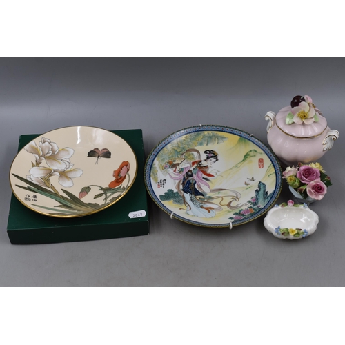 294 - Staffordshire Bone China Chinese Plate with Box, Japanese Collectors Plate and Three Floral Posy Dis... 