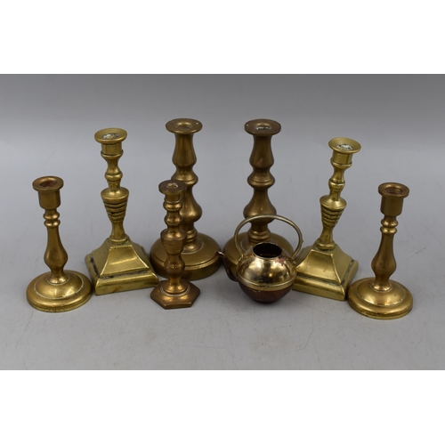 299 - Three Pairs of Miniature Brass Candlesticks and More