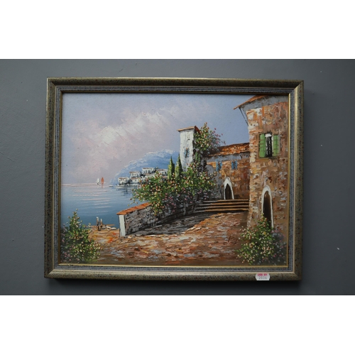 485 - Framed Detailed Oil on Board painting of a Mediterranean Coastal Scene Signed by Artist 18