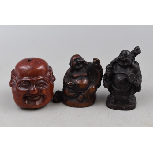 307 - Three Boxwood Hand Carved Netsuke Buddhas