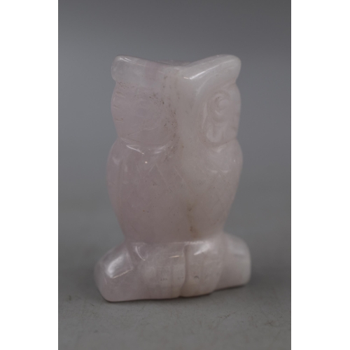 314 - Shipton and Co rose quartz owl boxed in excellent condition measures 2