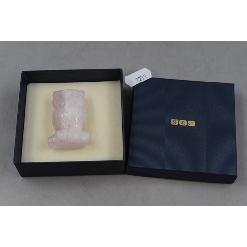 314 - Shipton and Co rose quartz owl boxed in excellent condition measures 2