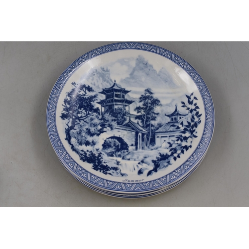 322 - Four Oriental Blue and White Decorative Plates, Depicts The Four Seasons. Approx 9.5” Diameter