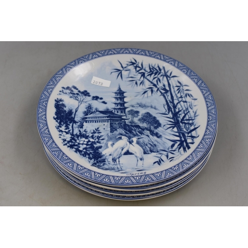 322 - Four Oriental Blue and White Decorative Plates, Depicts The Four Seasons. Approx 9.5” Diameter