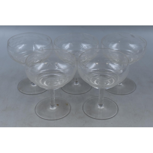 323 - Five Floral Etched Retro Champagne Glasses