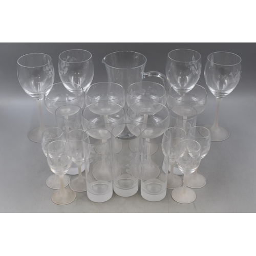 247 - Large Set of Decorative Frosted Glassware with Etched Bird Design. Includes Water Jug, Four Wine Gla... 