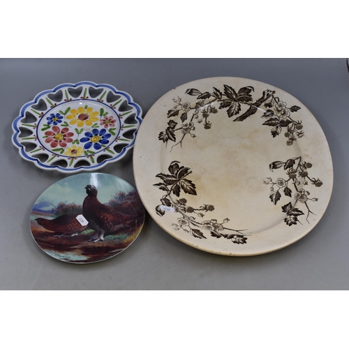 858 - A Large Antique Ceramic Floral Serving Platter, With Two Ceramic Plates. Includes ‘Red Grouse ... 