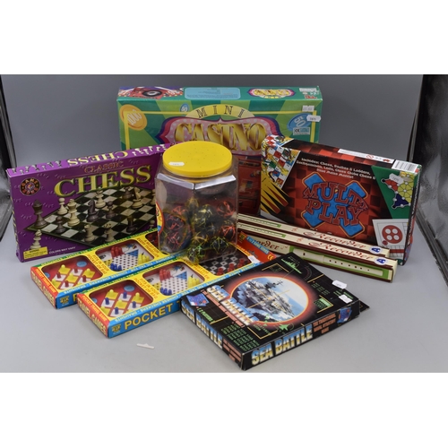 883 - Mixed Selection of Toys and Games to include Sealed Casino Game, Chess Set, Travel Puzzles, Sea Batt... 