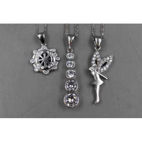 18 - Three Silver 925 Pendant Necklaces to include Ships Wheel, Fairy and Clear Stone Design