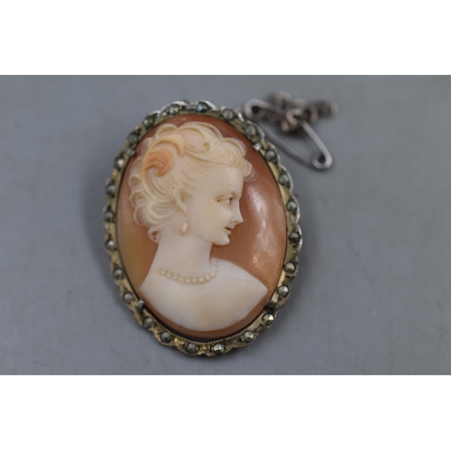 20 - Antique Silver Cameo Brooch Complete with Safety Chain