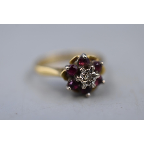 23 - Gold 14ct Diamond and Ruby Stoned Ring Complete with Presentation Box