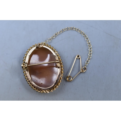 35 - A Hallmarked 9ct Gold Cameo Brooch, With Safety Chain