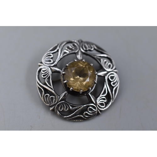 40 - Vintage Hallmarked Edinburgh Silver Celtic Brooch with Citrine Stone