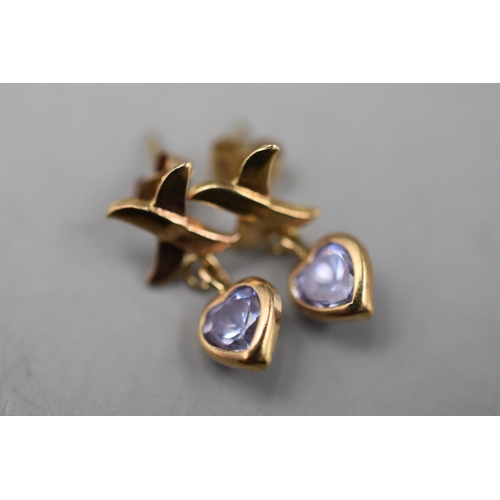 41 - A Pair of 9ct Gold Amethyst Heart Stoned Earrings