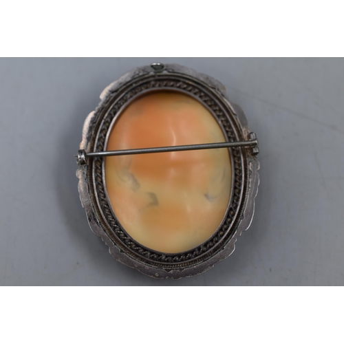 44 - An Oval Marcasite Stoned Cameo Brooch, Possibly Silver