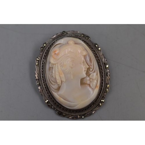 44 - An Oval Marcasite Stoned Cameo Brooch, Possibly Silver