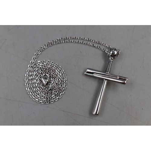 55 - Silver 925 Baseball Themed Cross Pendant On Chain Necklace