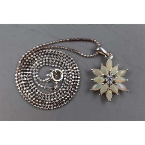 58 - Silver 925 Opal Effect Flower Pendant on Chain