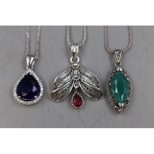 66 - Three Silver 925 Pendant Necklaces, includes Green Stoned Marcasite Design, Blue Stoned Tear Drop an... 