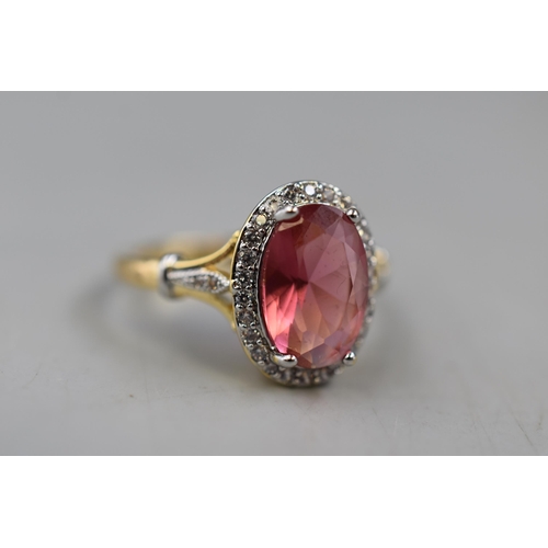 72 - Gold on Silver Large Pink Gemstone Ring (R)