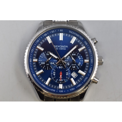 101 - Sekonda 50M Tachymeter Men's Silver Stainless Steel Bracelet Watch with blue face, spring bar pin mi... 